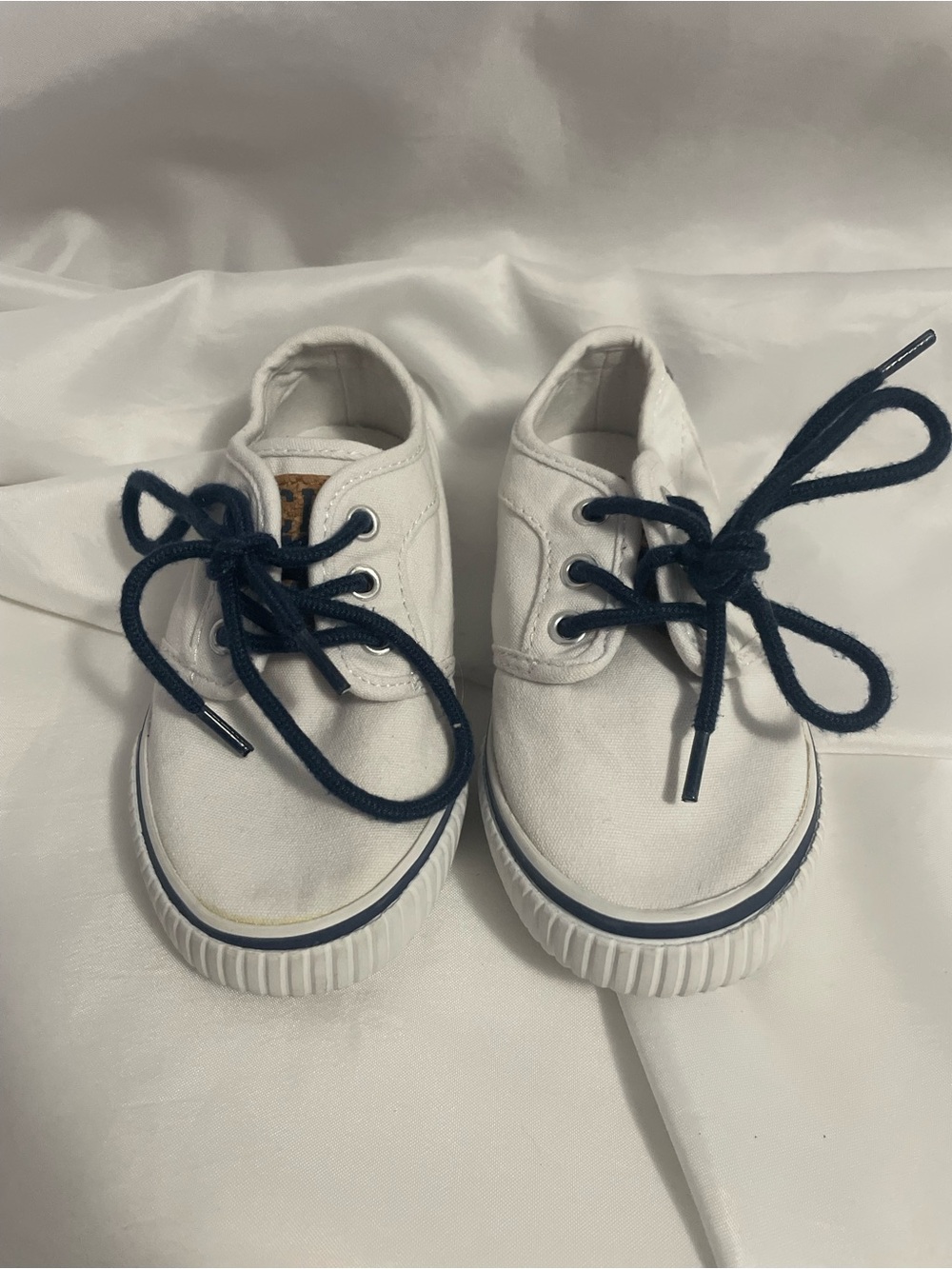 Kids White Canvas Sneakers with Navy Laces